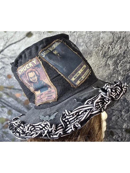 OOAK Handmade Boho Indie Top Hat Horror Movies Upcycle Adjustable M 22.5\